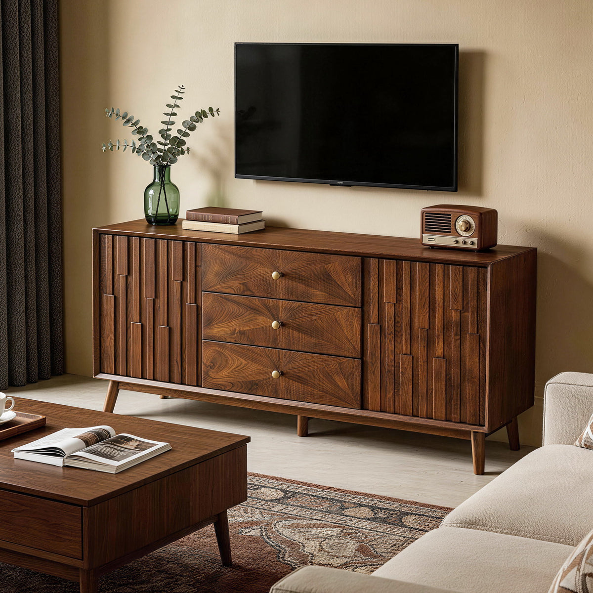 Sideboard Buffet Cabinet With 3 Drawers And 2 Storage Cabinets - Walnut