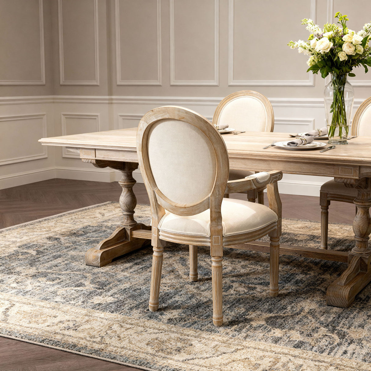 French Vintage Upholstered Fabric Dining Armchair (Set of 2)