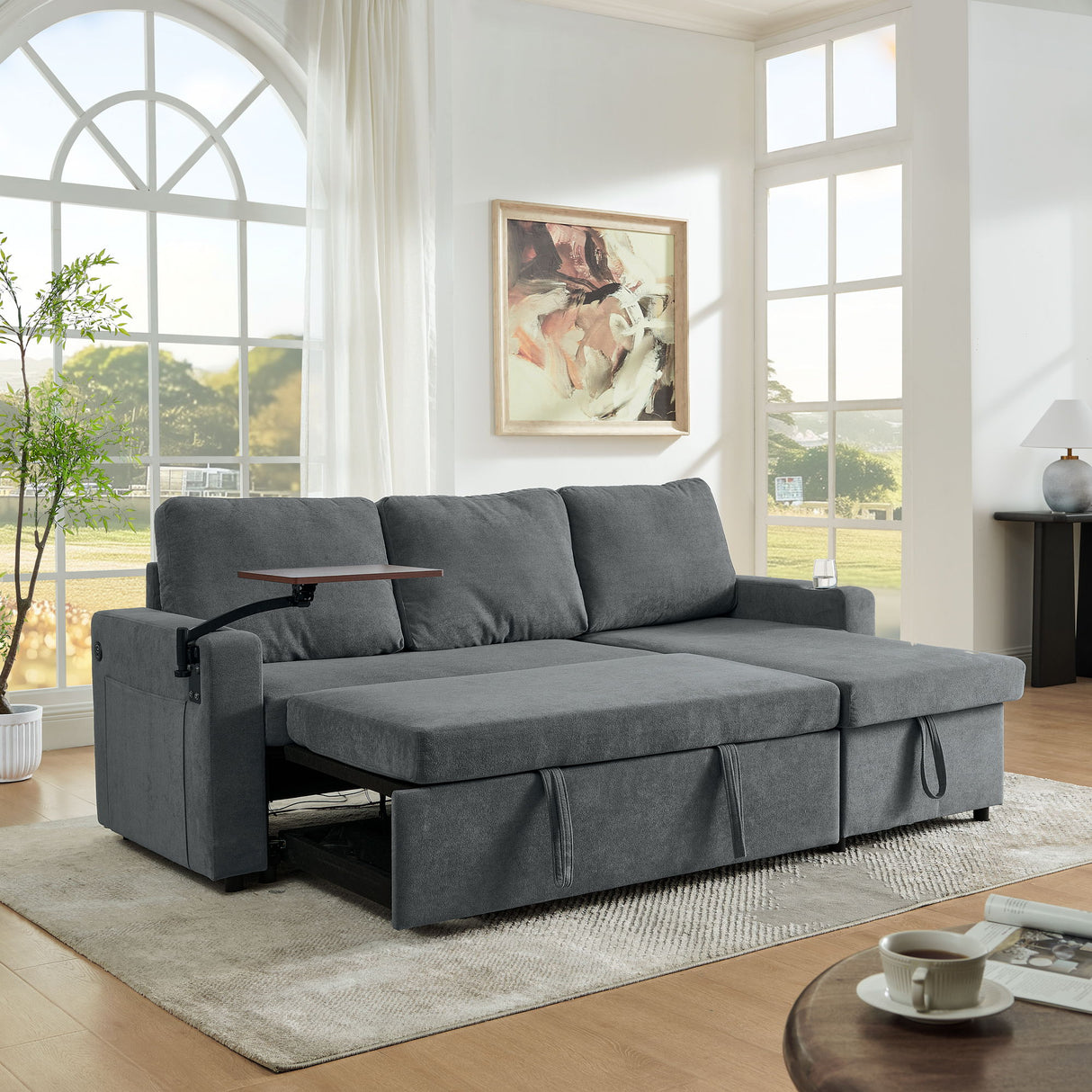 Multi Functional Pull Out Bed Sofa With Retractable Table, LED Lighting, USB Charging Ports & Cup Holders