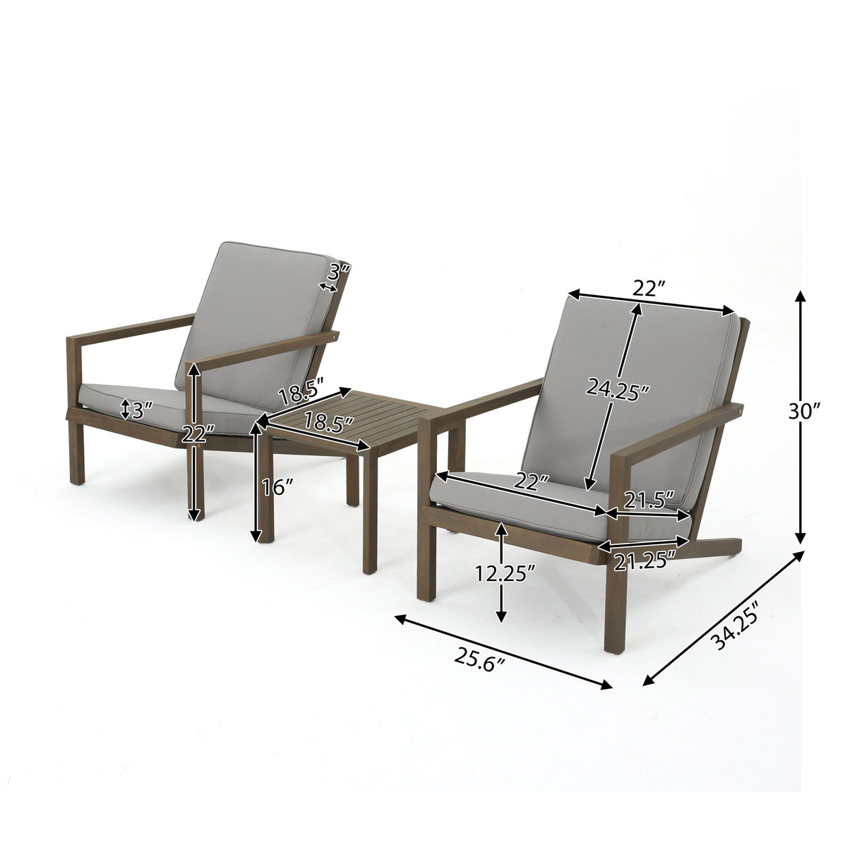 Celestaria - 3 Piece Outdoor Chat Set With Adirondack Chairs, Cushions And Side Table