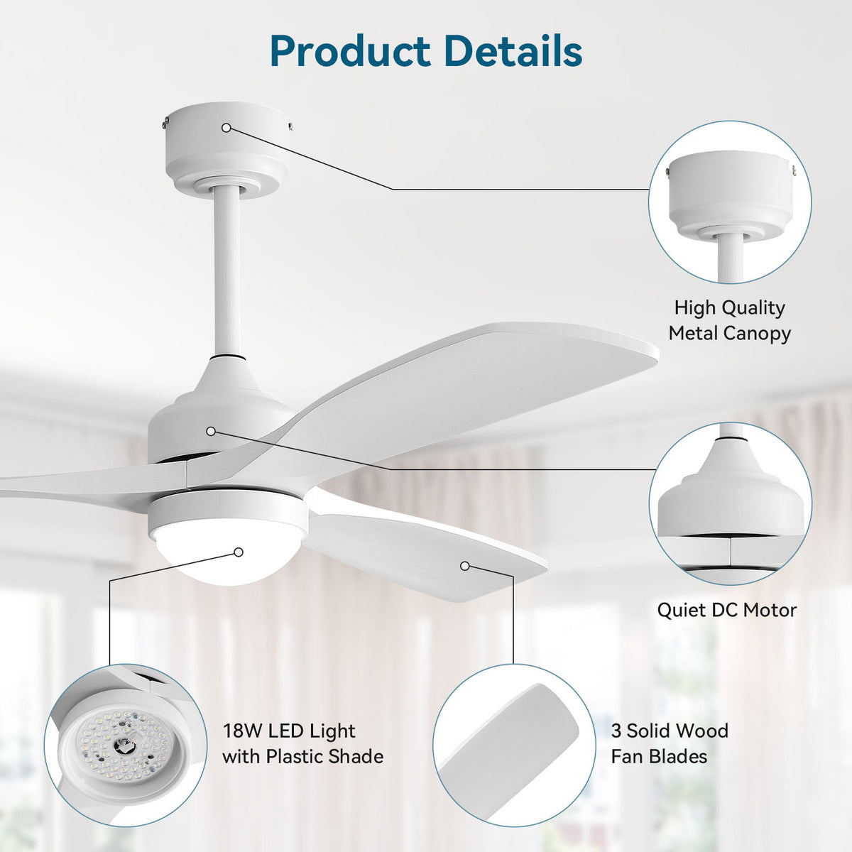 52" Ceiling Fan With Dimmable LED Light, 6 Speed DC Motor, 3 Blades