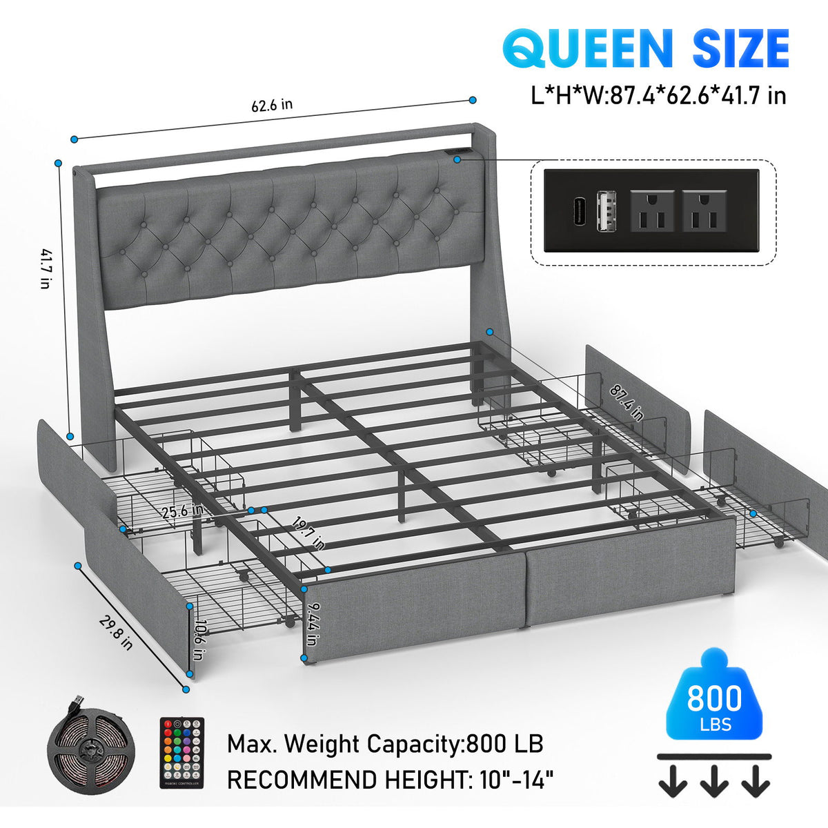 Platform Bed Frame With RGB LED Lights, Charging Station, Storage Headboard & 4 Underbed Drawers