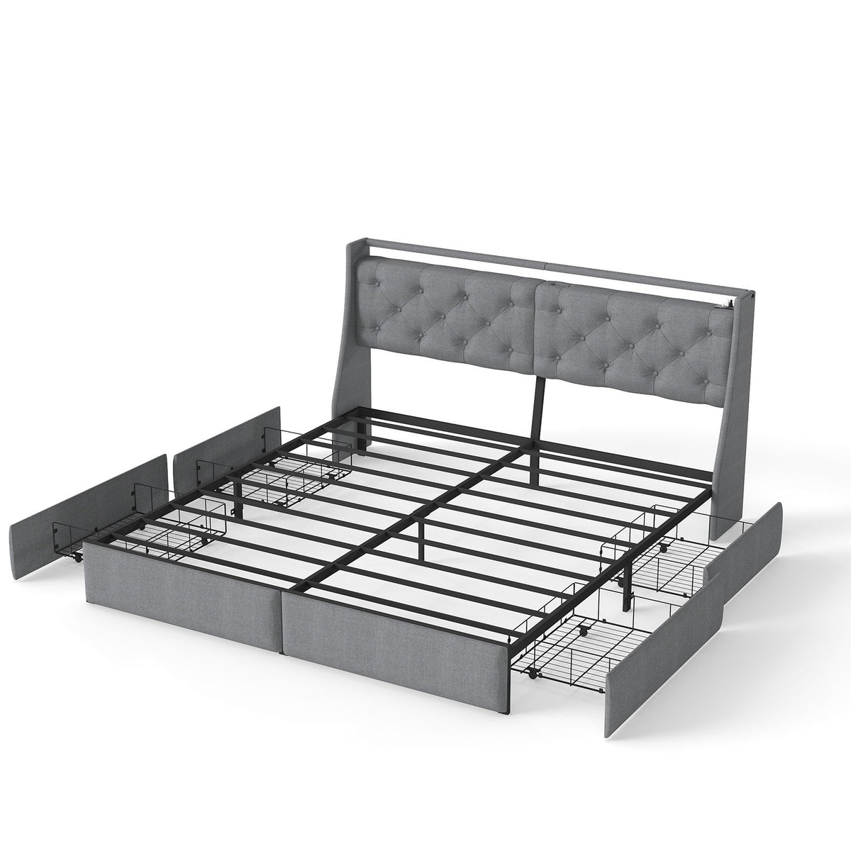 Platform Bed Frame With RGB LED Lights, Charging Station, Storage Headboard & 4 Underbed Drawers