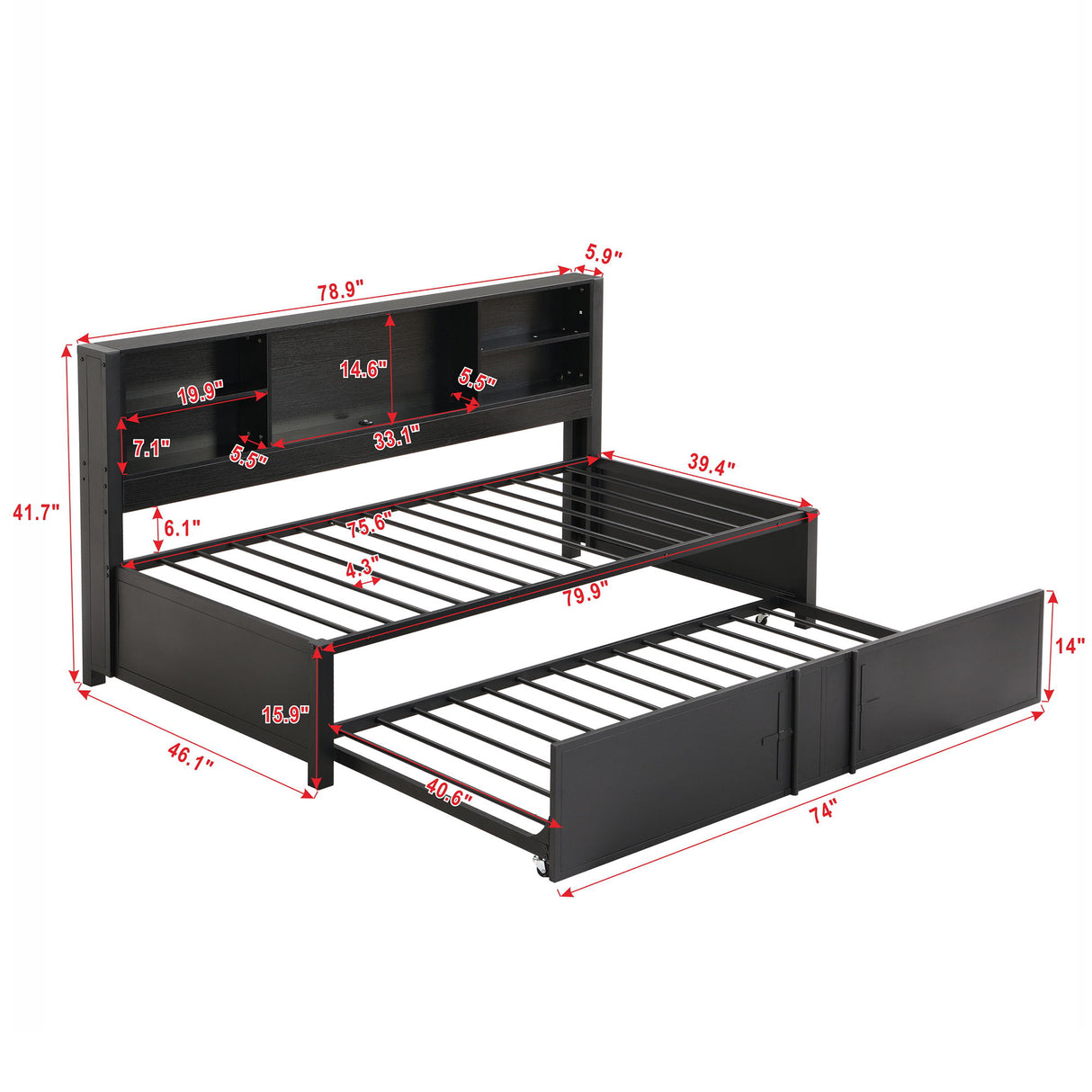 Industrial Metal Daybed With Trundle, Storage Shelves, USB Ports