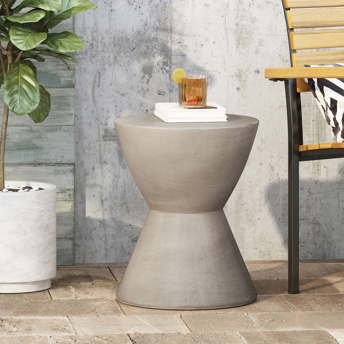 Outdoor Hourglass Shaped Side Table - Light Gray