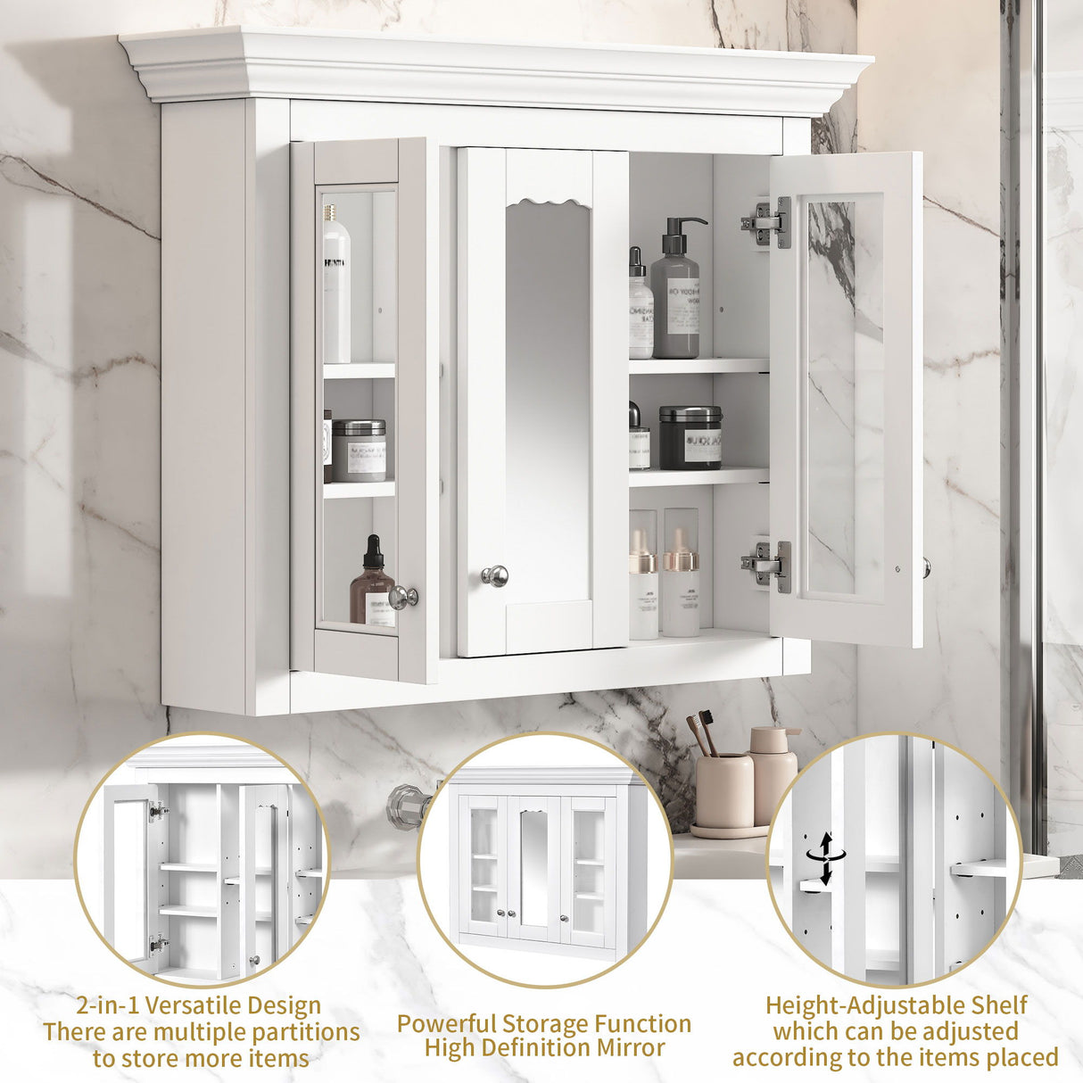 Bathroom Medicine Cabinet With Mirror, 5 Adjustable Closed Shelves, Wall-Mounted - White
