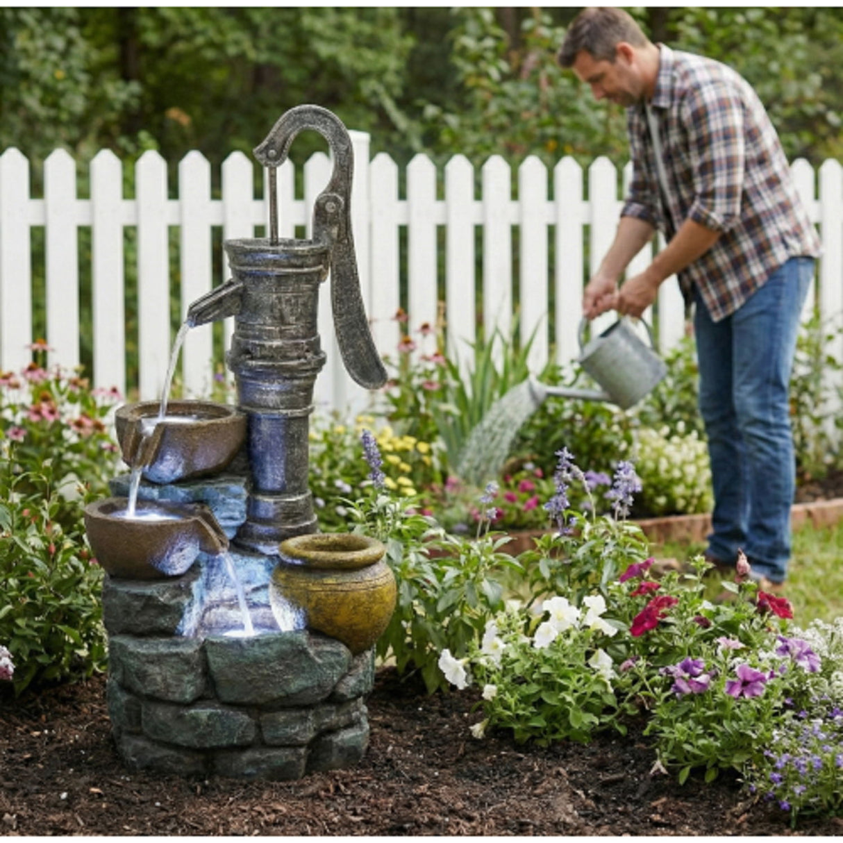 Hand Pump Water Fountain With LED Lights - Gray