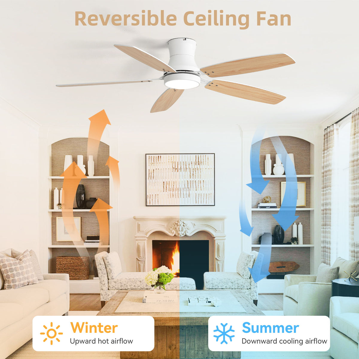 52" Flush Mount Ceiling Fan With Light, DC Motor, Remote Control, Dual Color