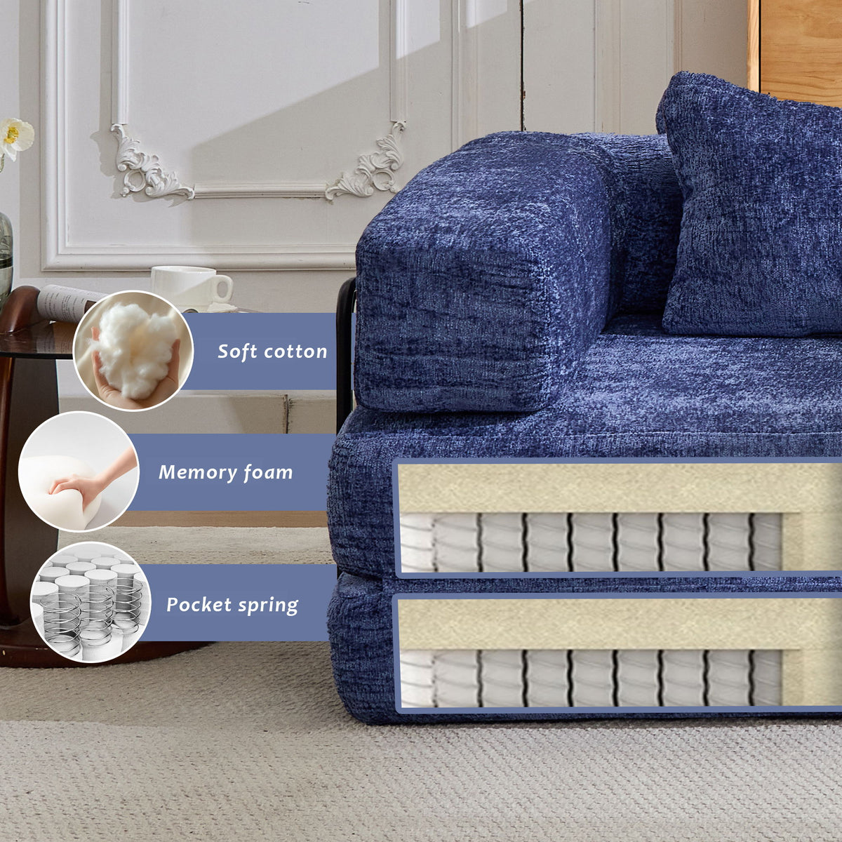 Convertible Floor Sofa Bed With Pillow Back Support Armrest