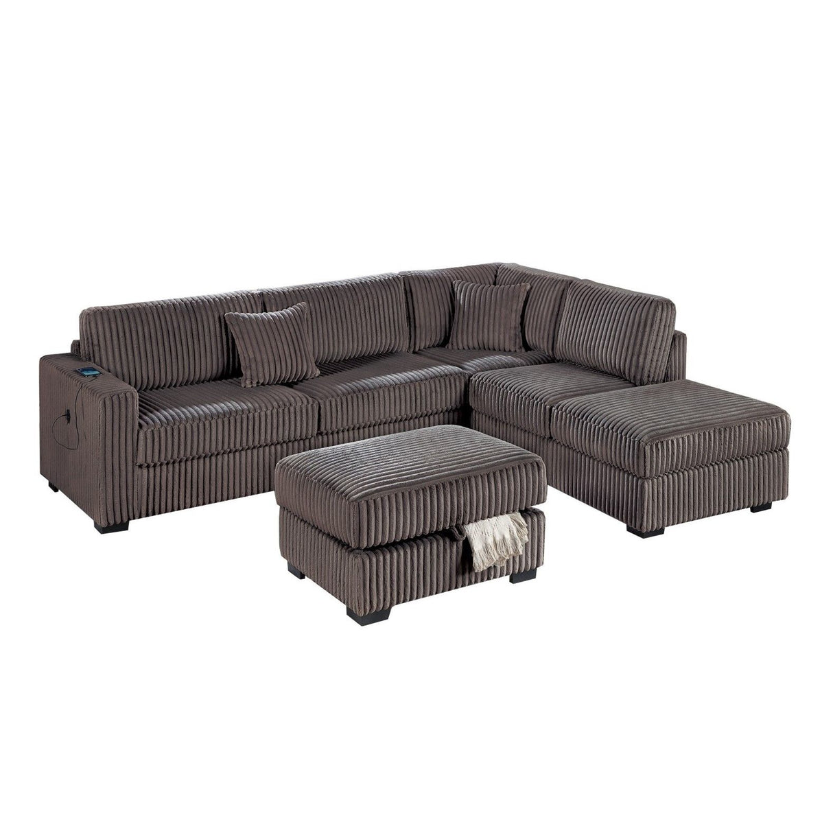 3 Piece Sectional Sofa With Reversible Chaise And USB Storage Ottoman