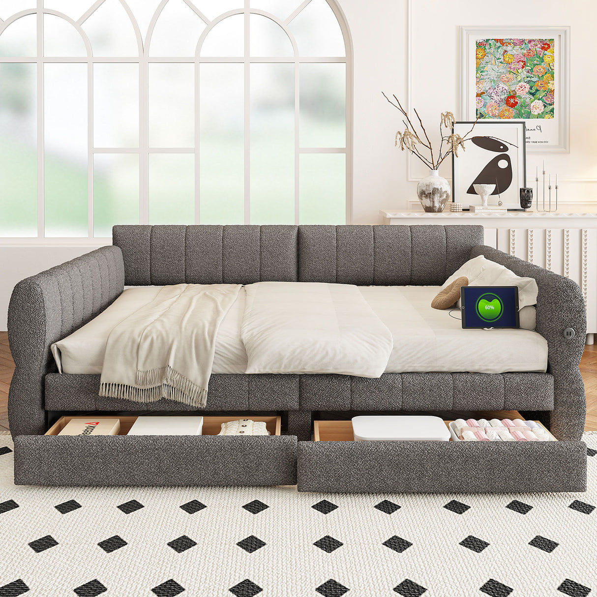 Upholstered Platform Bed With USB Charging And 2 Storage Drawers