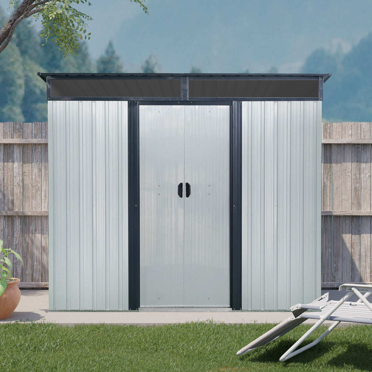 Outdoor Metal Storage Shed Garden Building with Sliding Doors and Foundation