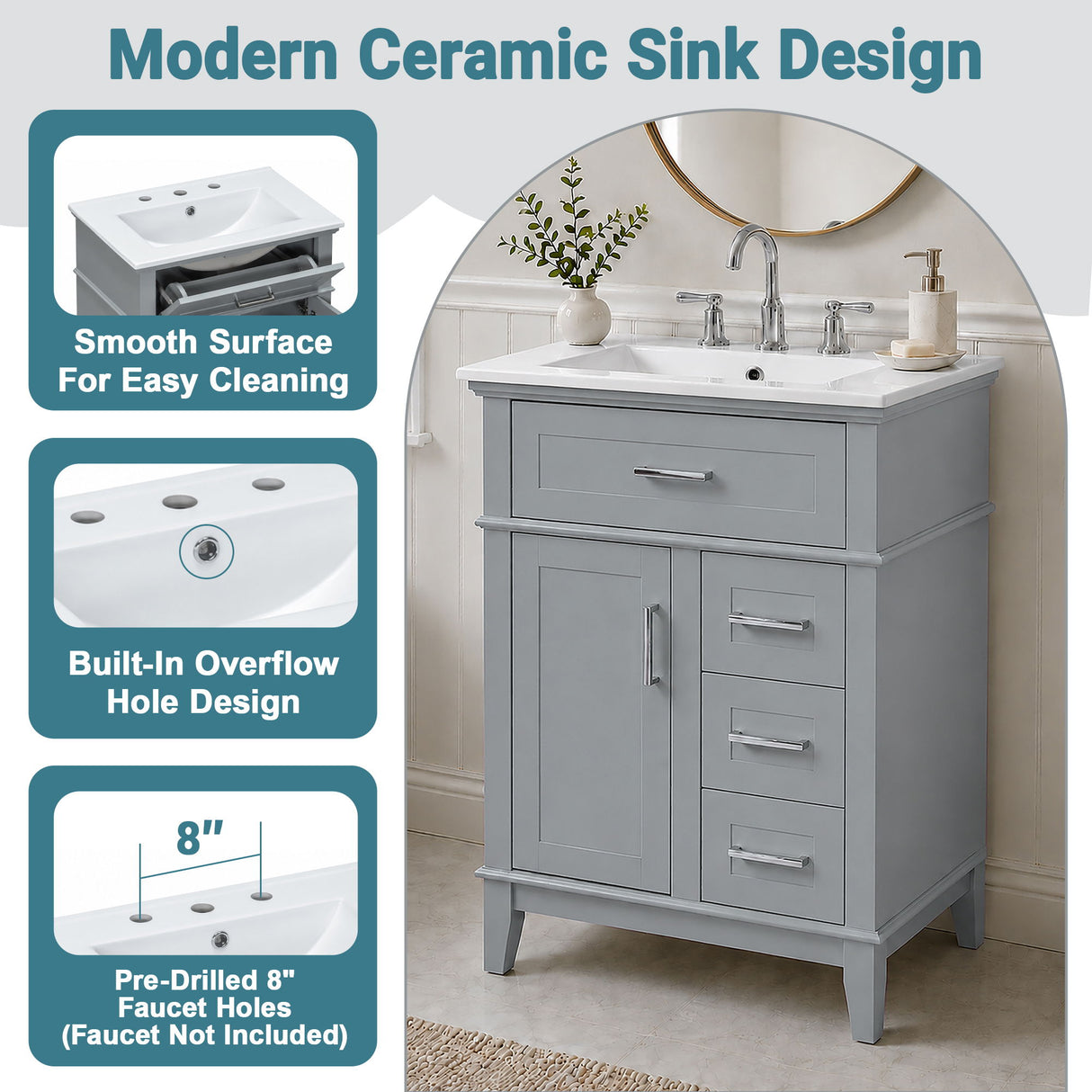 Modern Bathroom Vanity With Sink, Flip Drawer & 3 Drawers, Soft Close Hinges, Adjustable Shelf