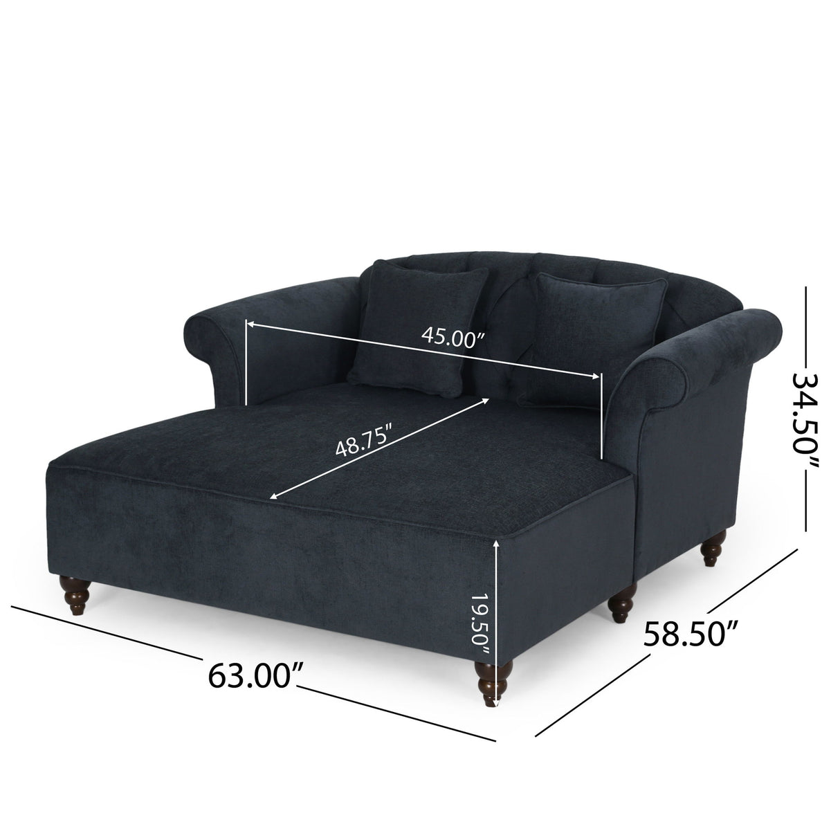 Upholstered Chaise Lounge & Scroll Arms, Turned Legs And 2 Pillows - Charcoal