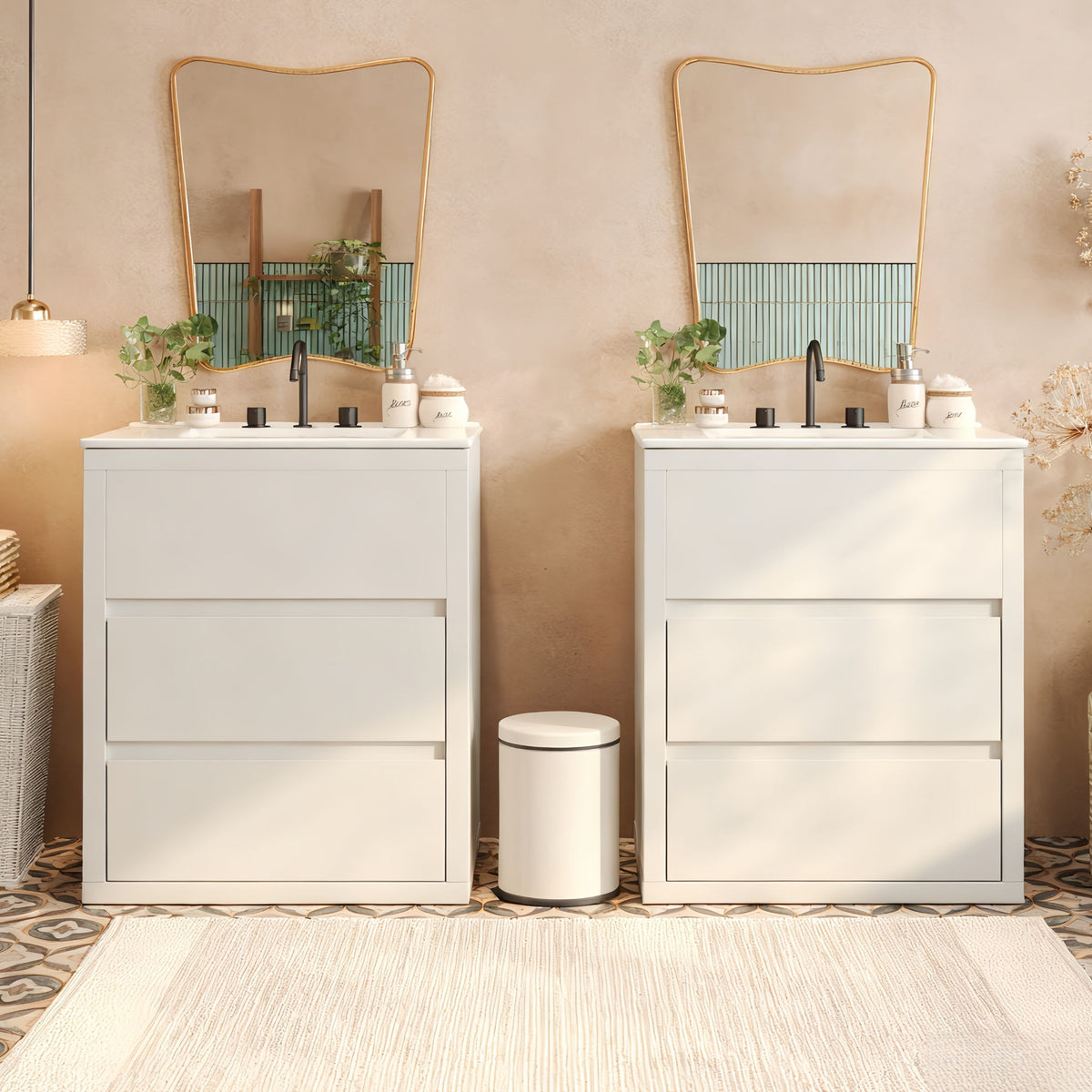 Double Sinks Bathroom Vanity Set With 2 Ceramic Basins