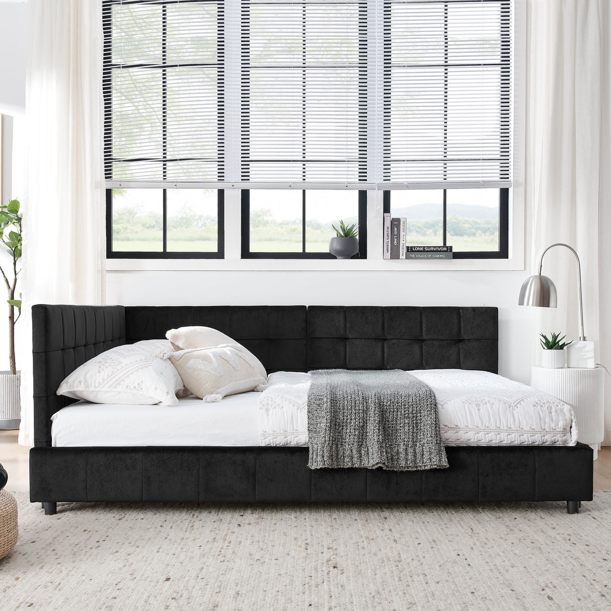 Mid-Century Storage Upholstered Tufted Bed Frame With Backrest And Armrests
