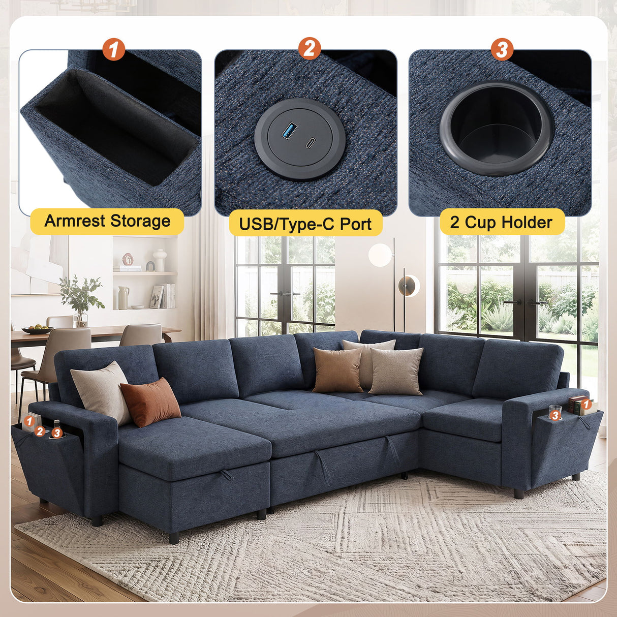 U - Shaped Convertible Sectional Sofa Bed With Storage, USB Charger & Cup Holders