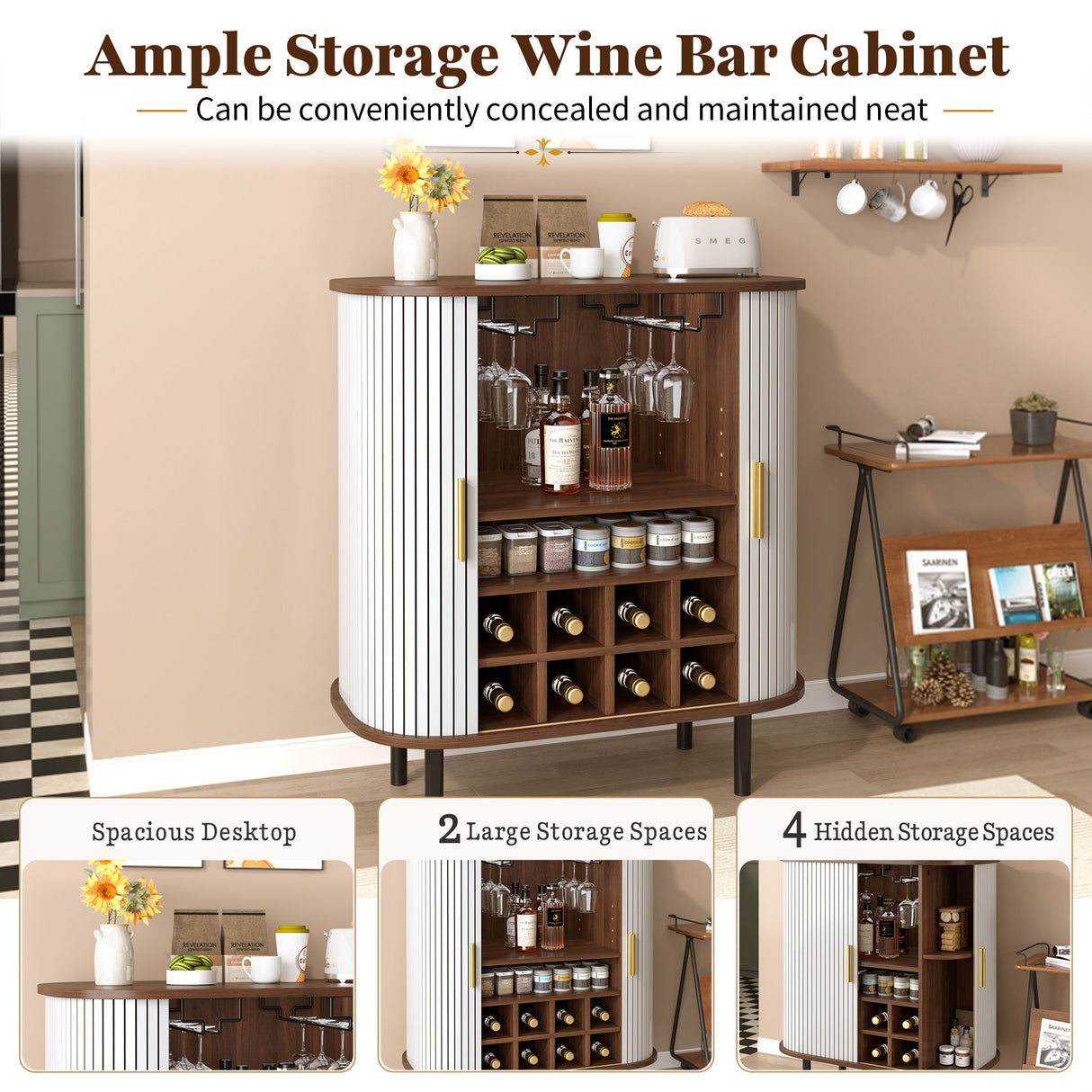 Fluted Wine Bar Cabinet With 8 Grid Wine Rack, 5 Level Adjustable Shelves, 2 Glass Holders