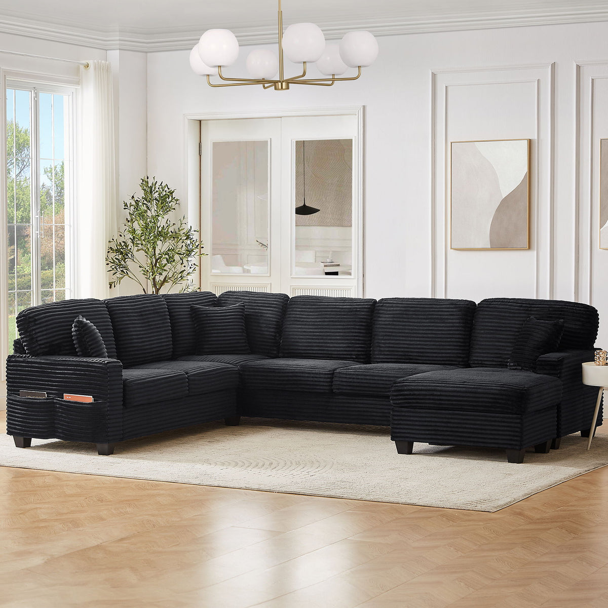 Upholstered U-Shaped Sectional Sofa With Movable Ottoman And Side Storage Pockets