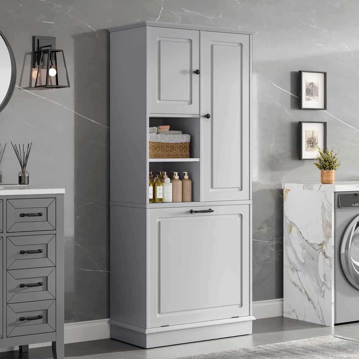 Modern Tall Storage Cabinet With Adjustable Shelves, Flip-Out Basket & Enclosed Doors