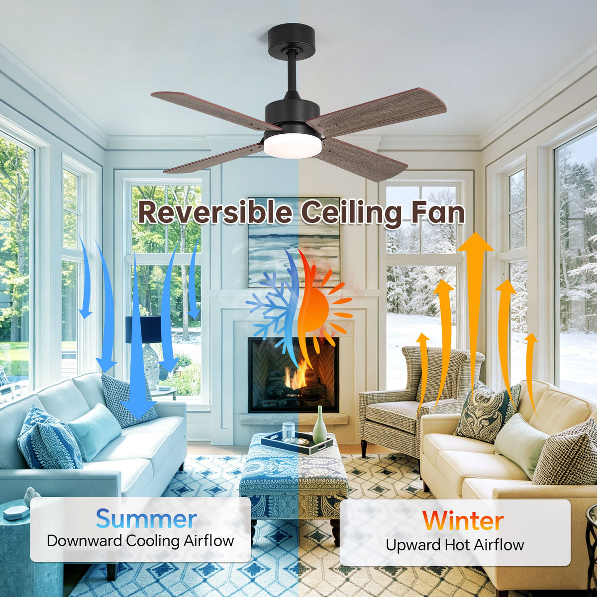 42" Ceiling Fan With Light And Memory Function, DC Reversible Motor, 4 Blades