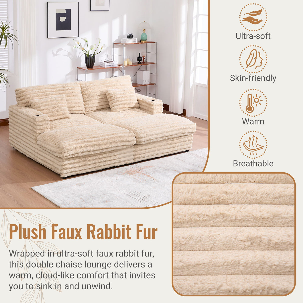 Oversized Double Chaise Lounge Sofa With USB Ports And Cup Holders