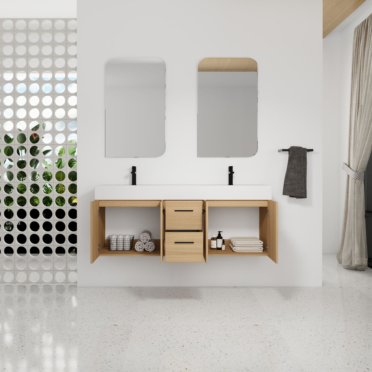 Floating Double Sink Bathroom Vanity With Drawers And Doors, Extra Large Storage, Integrated Sink, Soft Close Hardware - Glossy White / Light Oak