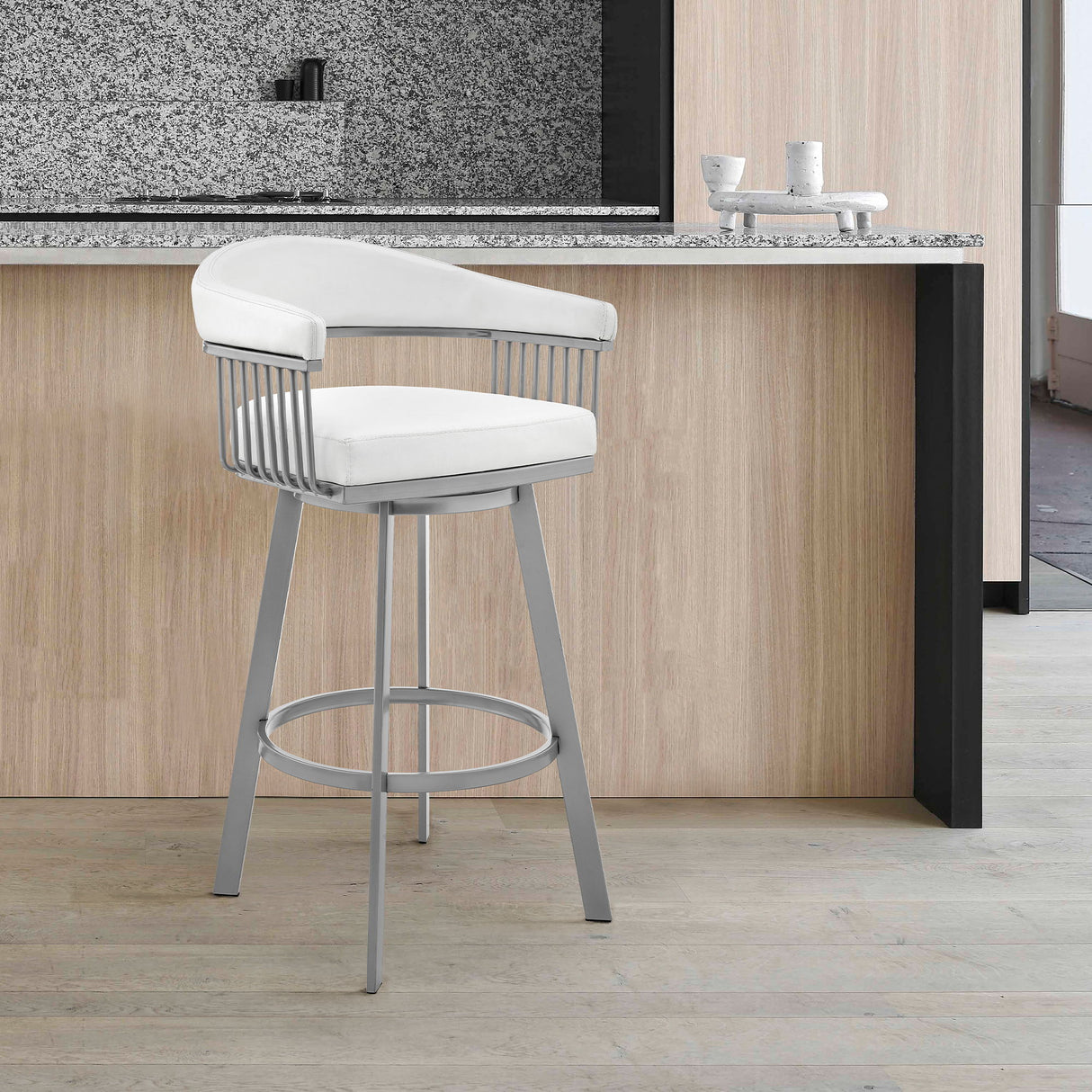 Chelsea - 25" Counter Height Swivel Bar Stool - Silver Finish And White Faux Leather