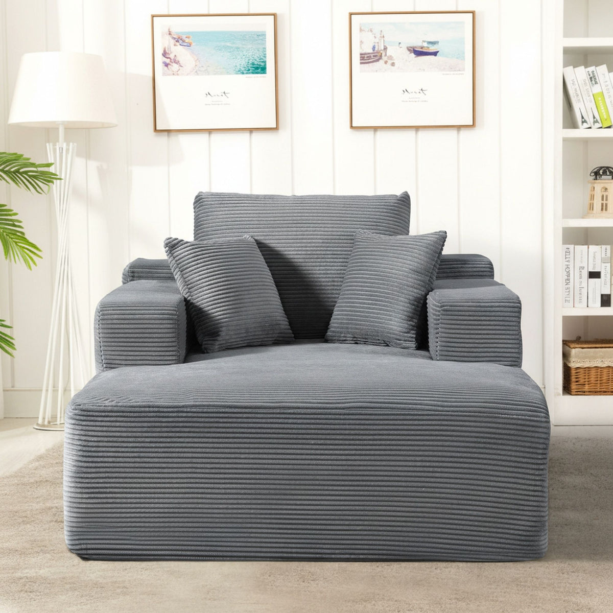 Convertible Chaise Lounge Chair With Wide Armrest & Throw Pillows