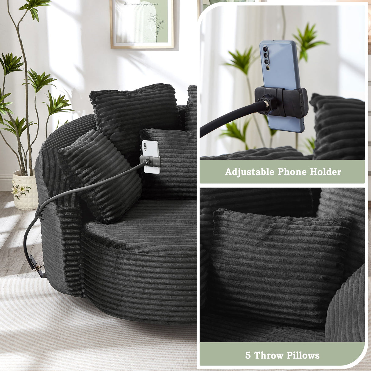 Swivel Accent Barrel Chair With Adjustable Phone Holder, 5 Pillows For Living Room