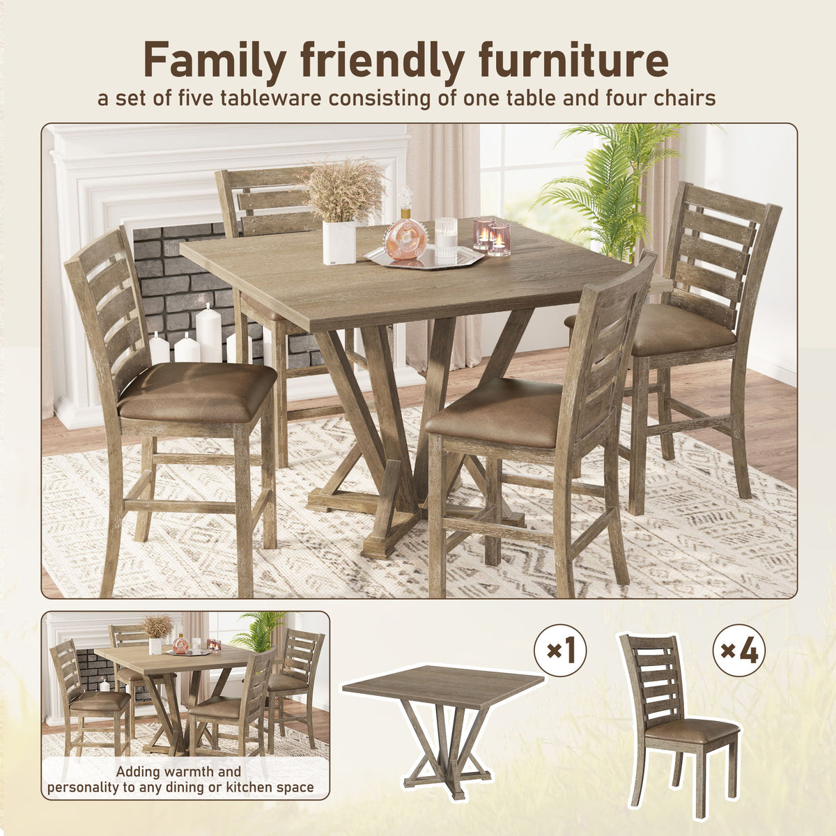 Modern Farmhouse Square Counter Table Solid Wood Rubberwood Antique Finishing Rustic Look Distressed Look Wire Brushed For 4 Seaters - Grayish Brown