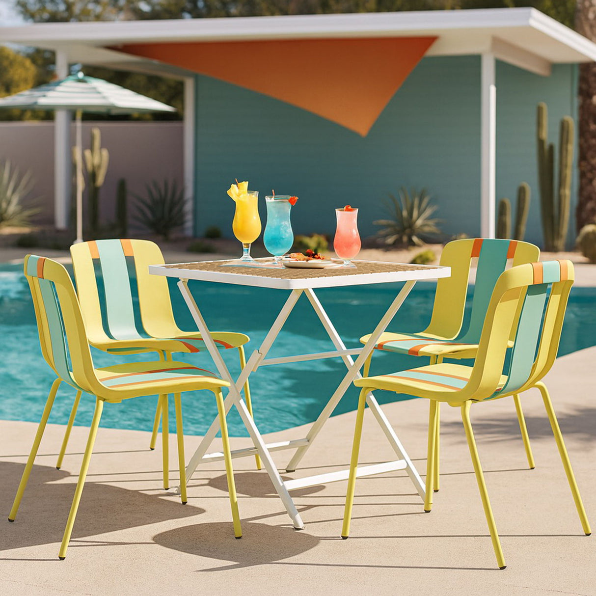 4 Piece Set Of Color Block Designed Single Chairs With Folding Square Table - Grain Yellow / Haze Green / Khaki / Tropical Orange / White