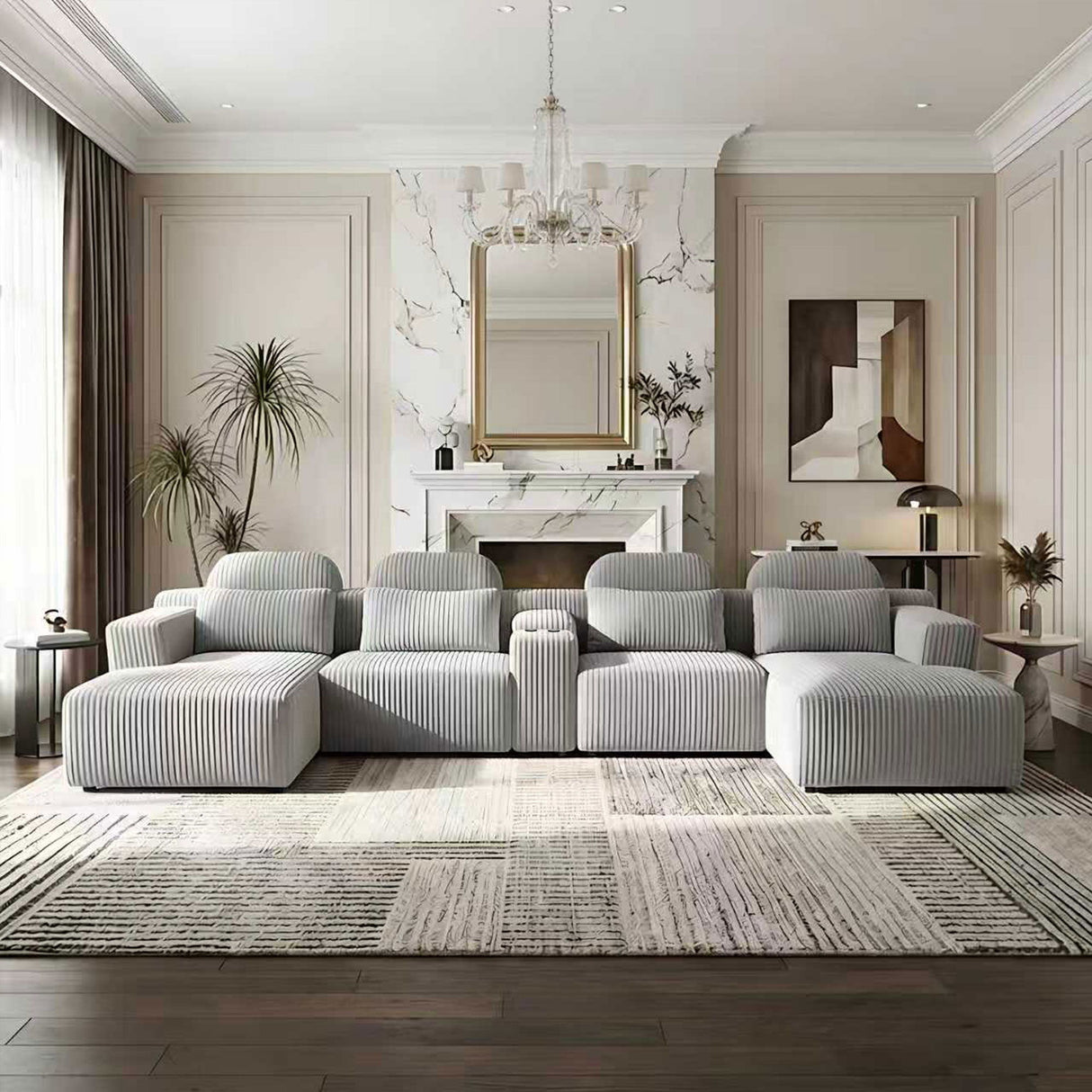 U-Shaped Sectional Sofa With Chaise Lounge And Cup Holders
