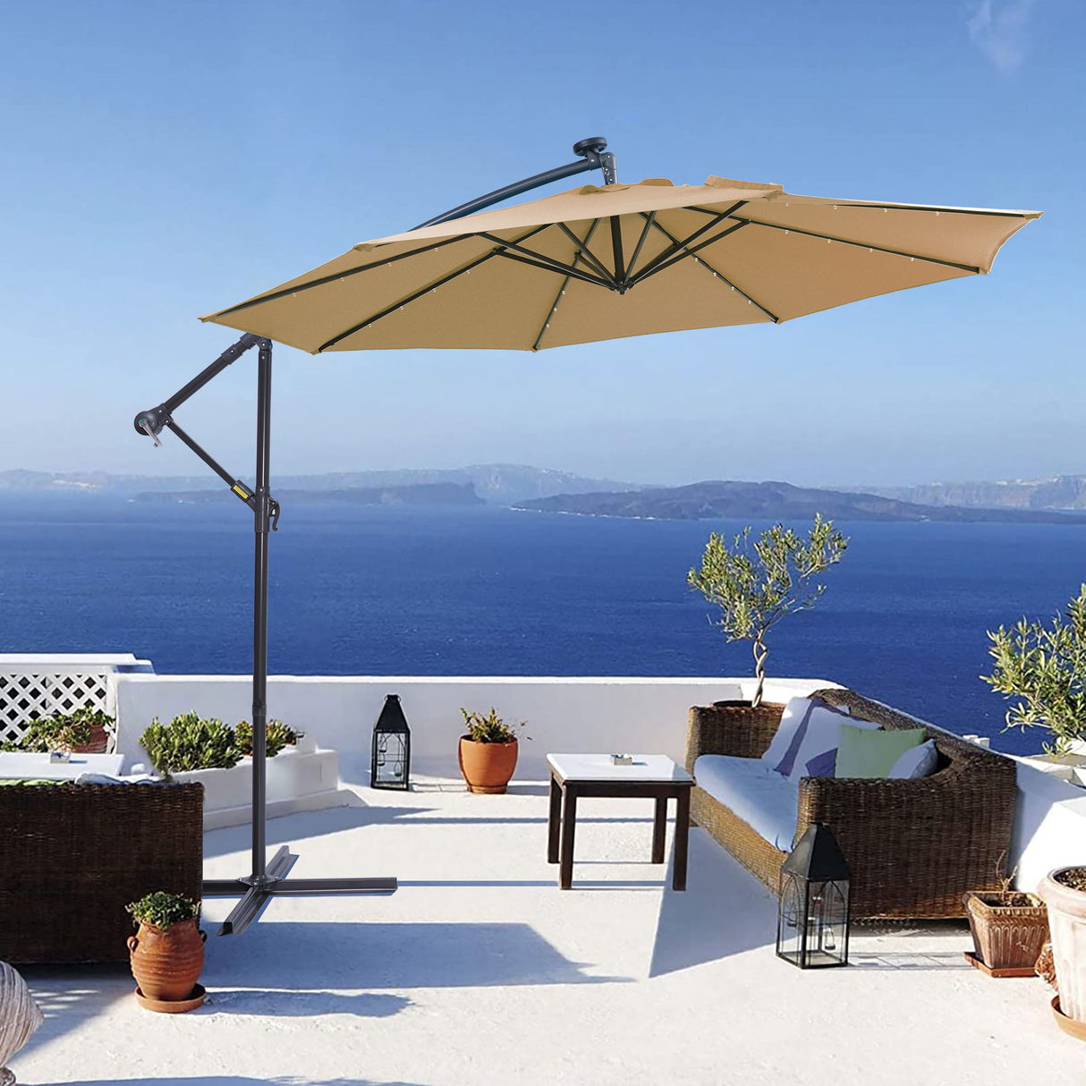 Outdoor Cantilever Patio Umbrella With 32 LED Lights 10 Ft Hanging Design Easy Open Adjustment Metal Frame - Taupe