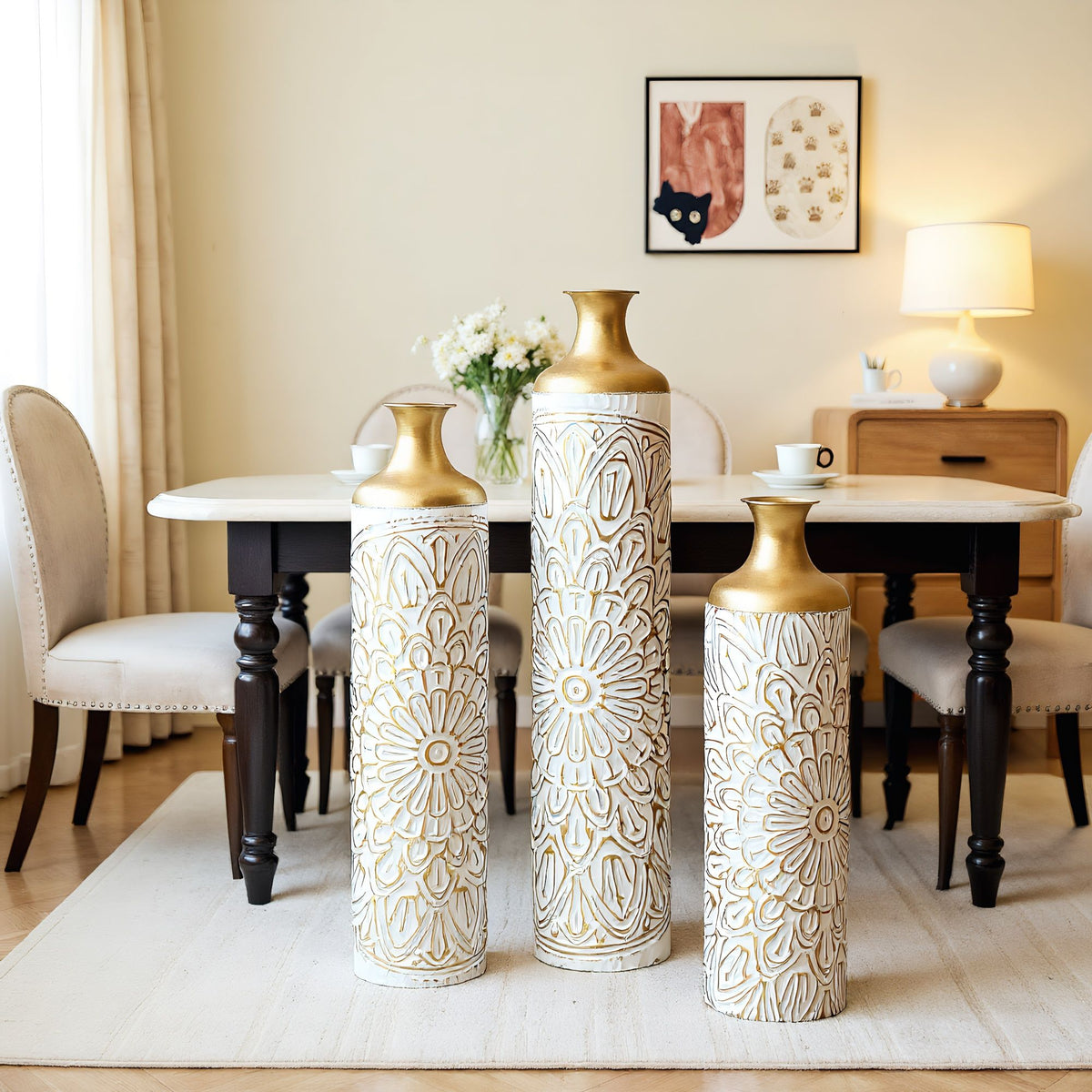 3 Piece Home Decoration Large Glazed Floor Vase Decoration Home Droplet Shaped - Gold / White