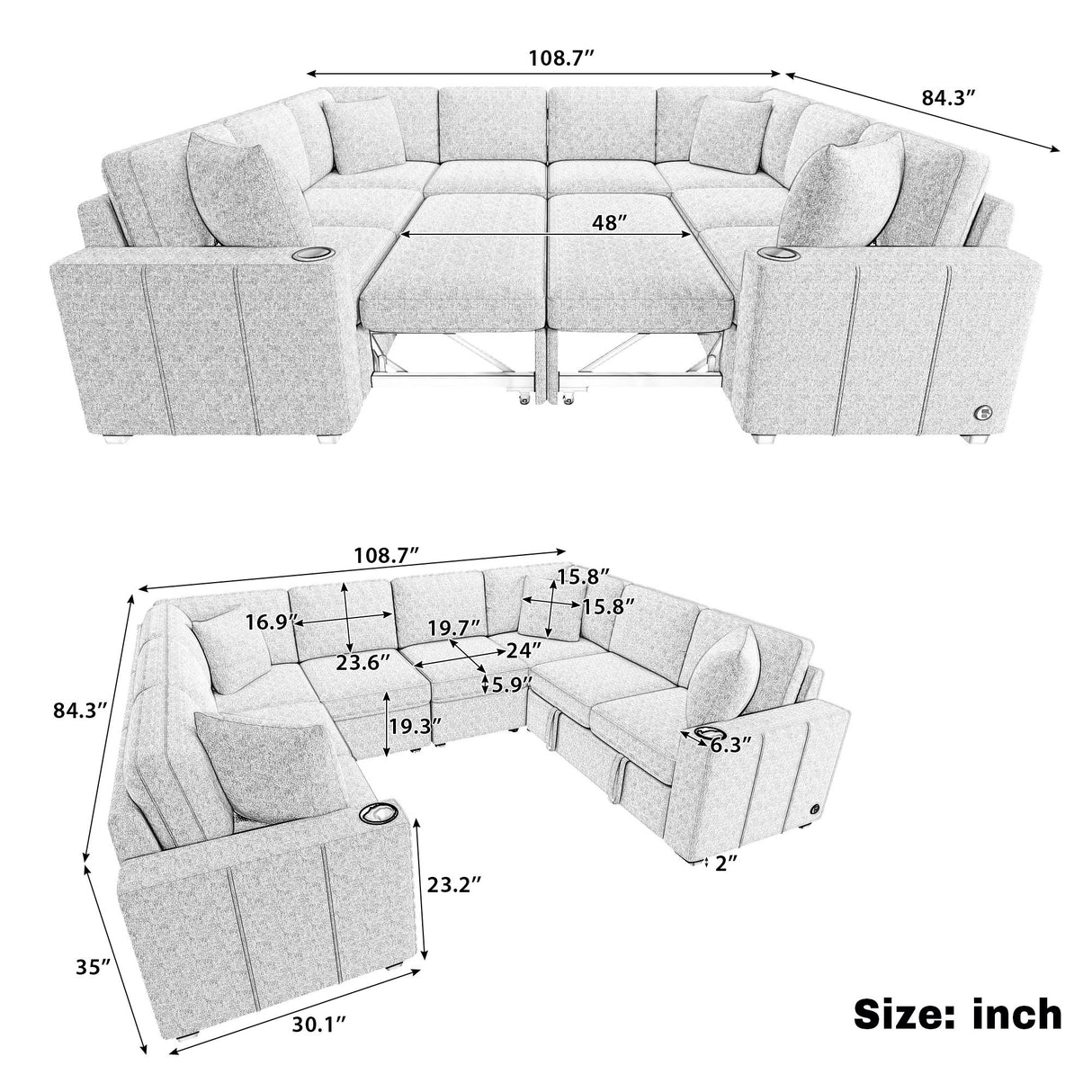 Modern U-Shaped Sectional Sofa Convertible Pull-Out Sofa Bed With USB Ports And Cup Holders