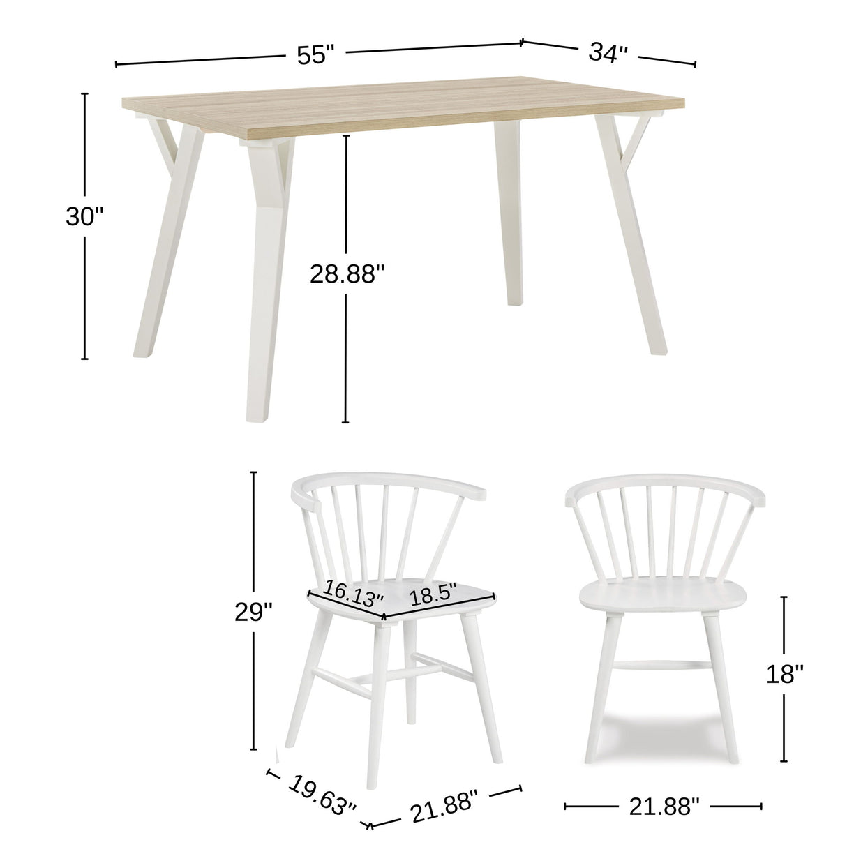 Roundhill - 5 Piece Dining Set, Dining Table With 4 Windsor Chairs - Brown / Antique White