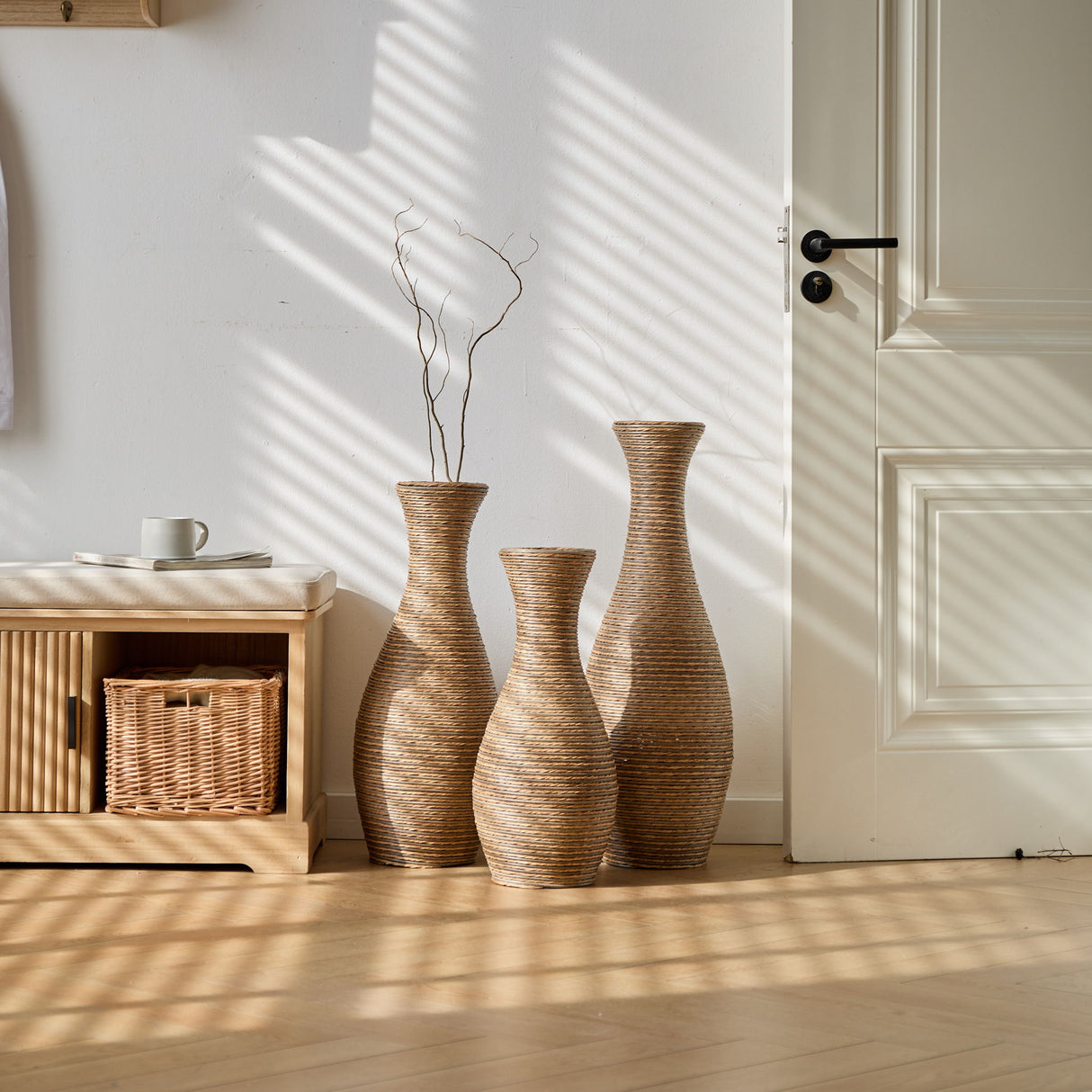 3 Piece Artificial Rattan Floor Vase Set Decorative Accent For Living Room, Hallway & Entryway, Ideal For Dried Or Silk Flower Arrangements - Beige