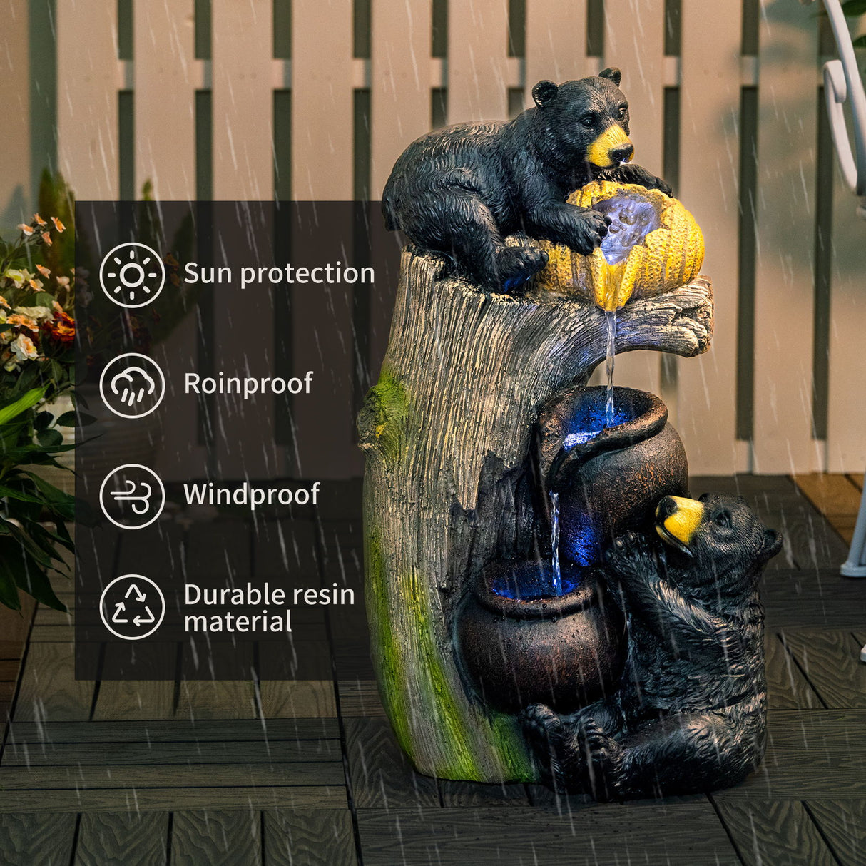 Bear Tree Stump Outdoor Water Fountain With LED Lights - Brown Gray