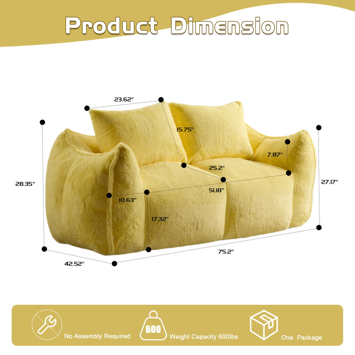 Giant Bean Bag Couch, Ultra Soft Fluffy Loveseat For Living Room