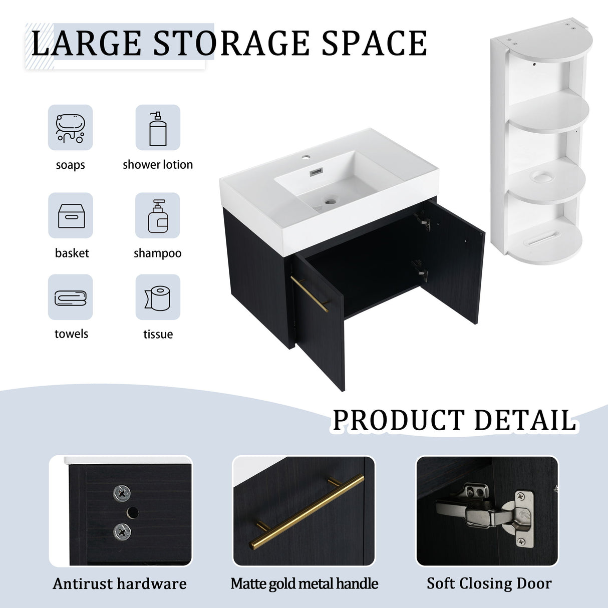 Modern Wall Mounted Bathroom Vanity With Left Sink And Storage Rack
