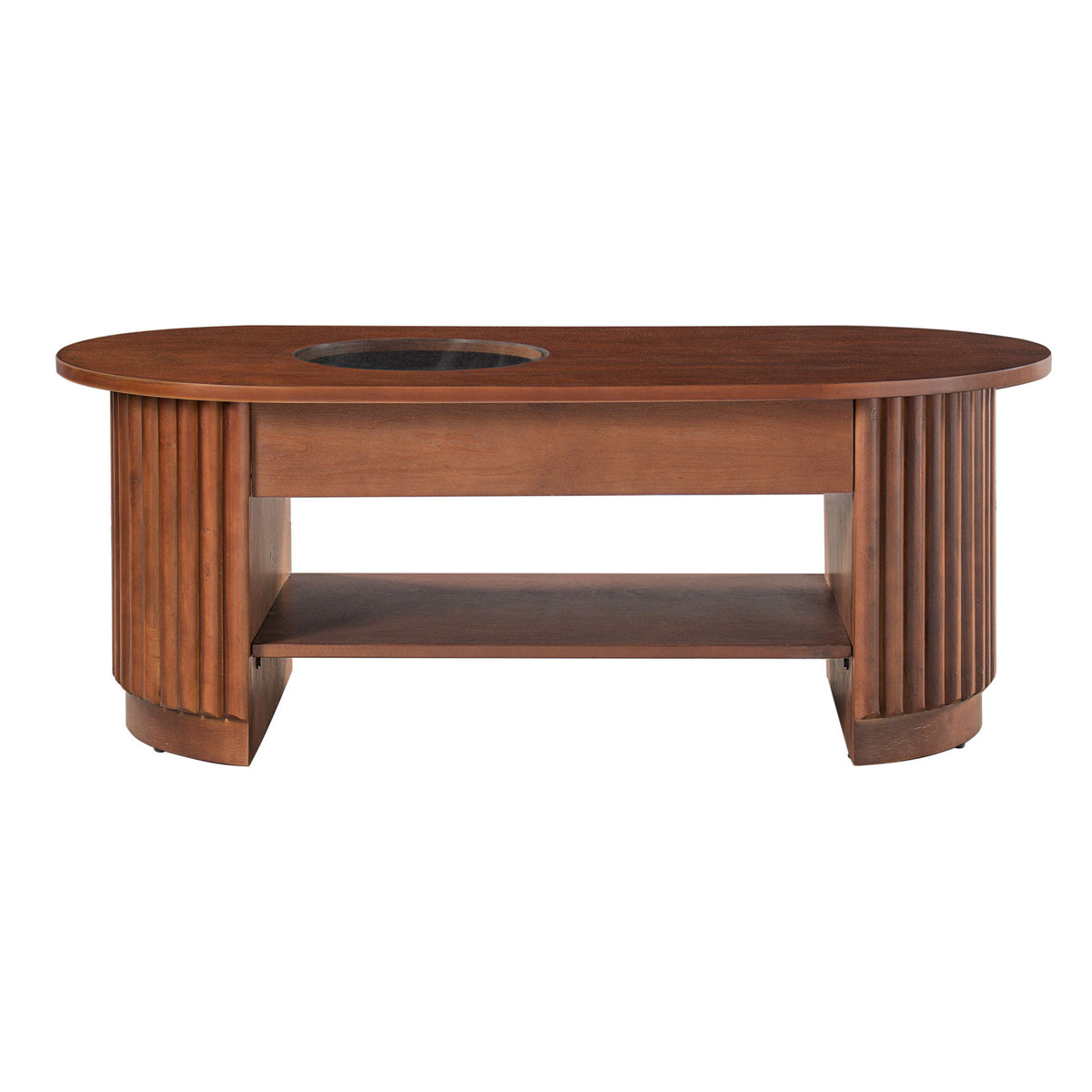 Fluted Oval Coffee Table With Drawers, 2 Tier Cocktail Table