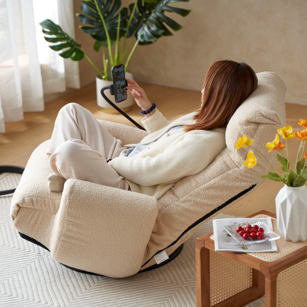 Adjustable Swivel Lounge Chair With 360 Degree Rotating Seat And Headrest Support
