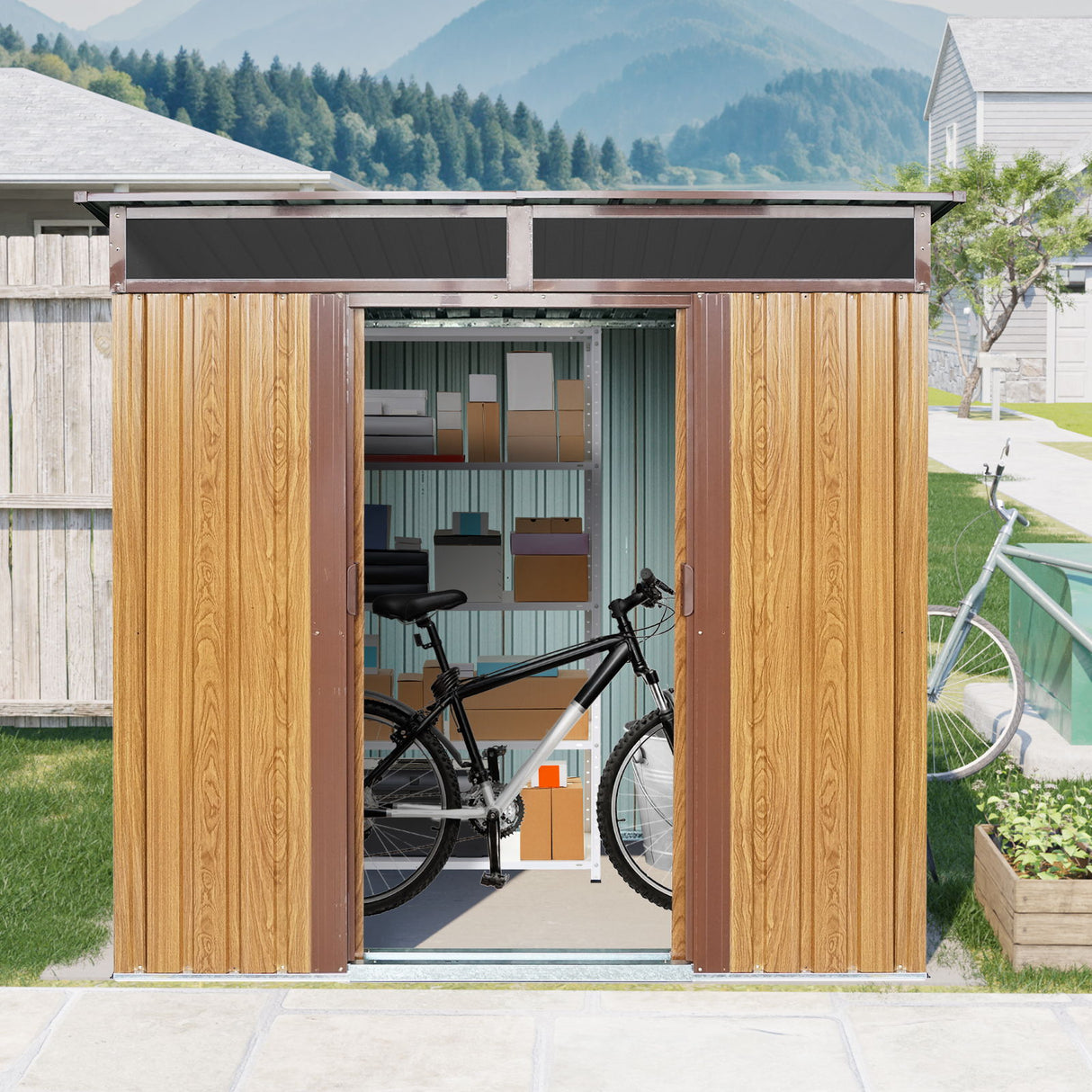 Outdoor Metal Storage Shed Garden Building with Sliding Doors and Foundation