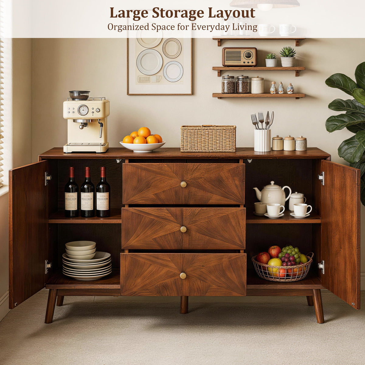 Sideboard Buffet Cabinet With 3 Drawers And 2 Storage Cabinets - Walnut