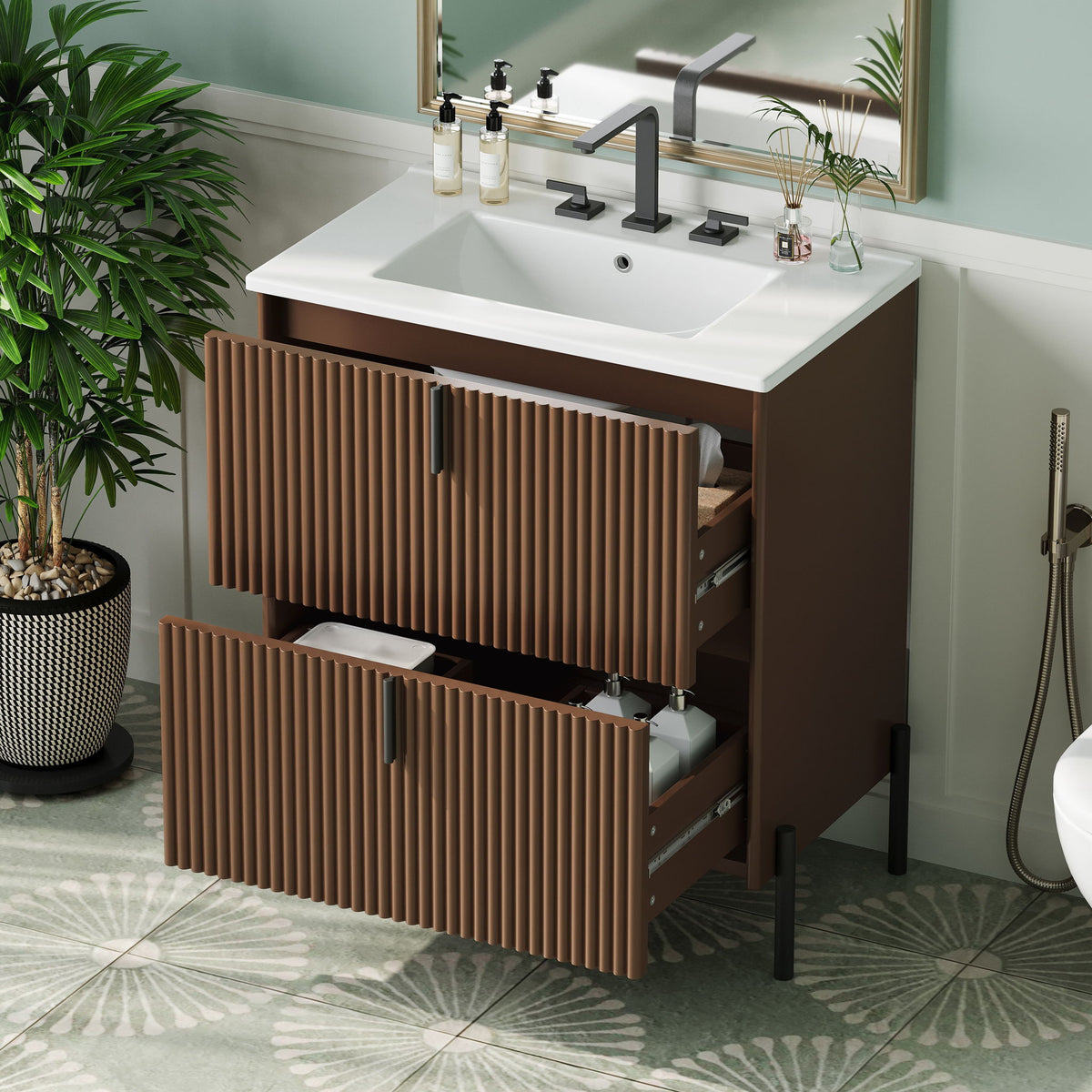 Fluted Bathroom Vanity With Ceramic Sink, Freestanding Design