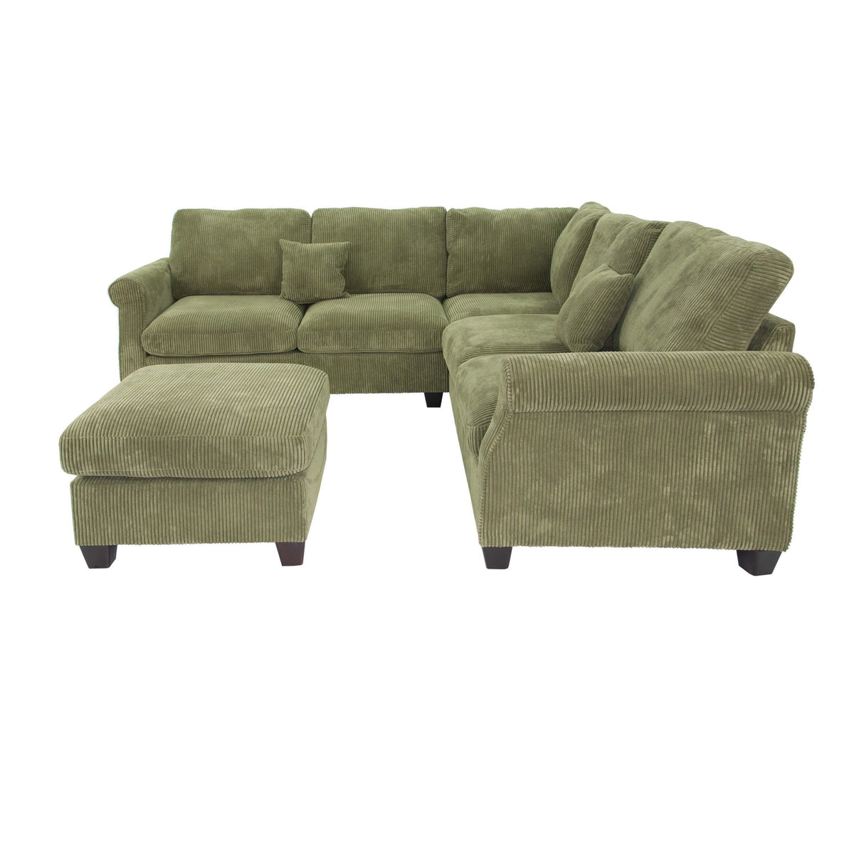 L - Sectional Sofa Set With Corner Wedge And Ottoman, 4 Piece Living Room Furniture - Sage