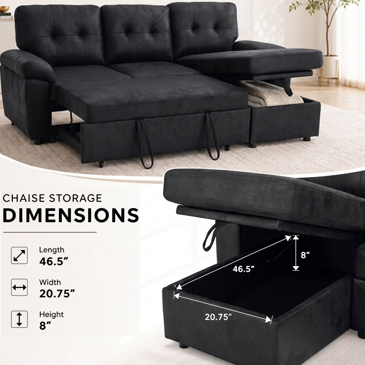 Convertible Sectional Sofa Bed With Pull Out Sleeper And Storage