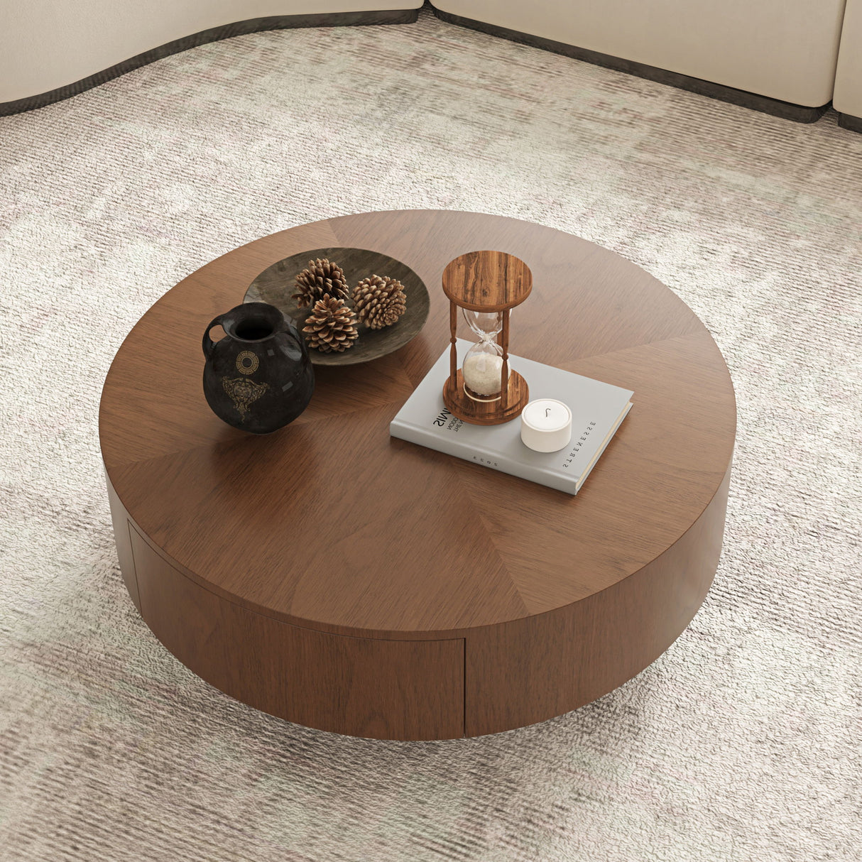 Drum Shaped Coffee Table With Hidden Storage Drawer, Low Profile For Living Room - Walnut