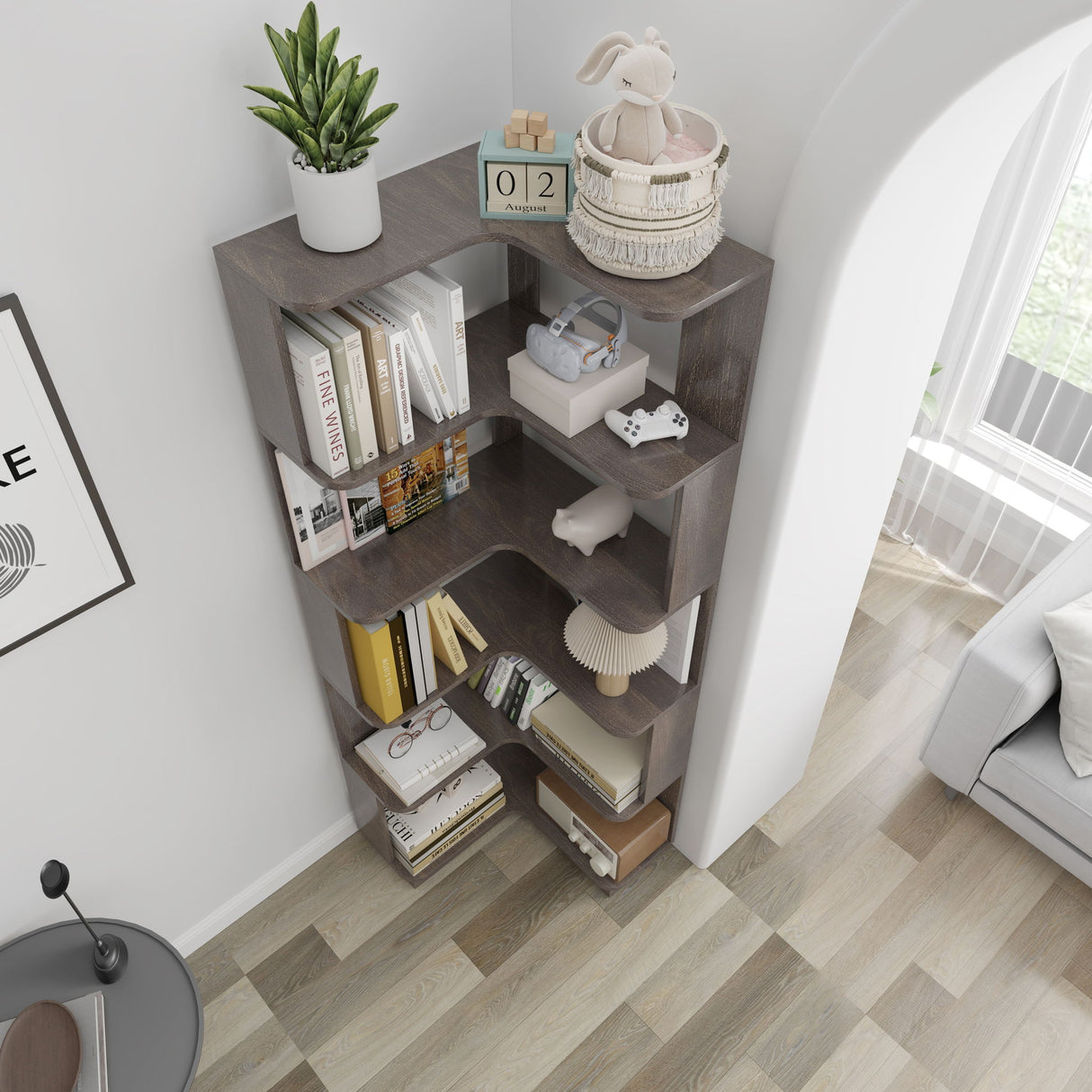 6 Tier Freestanding L-Shaped Corner Bookshelf For Living Room - Dark Brown